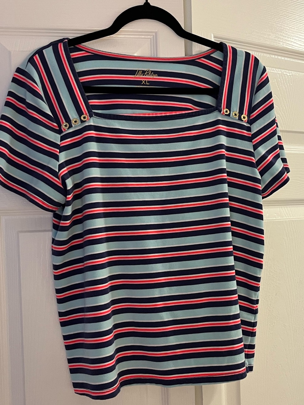 Lilly Pulitzer Navy, Light Blue & Pink Striped Short-Sleeve Top